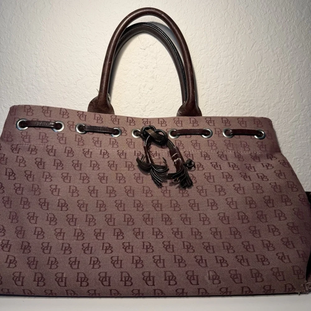 Dooney & Bourke Signature Canvas Satchel Logo Bag Double Leather Handles Tassels